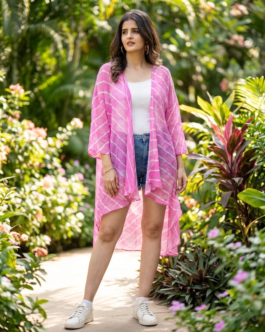 Forever Pink Leheriya Waterfall Shrug For Women