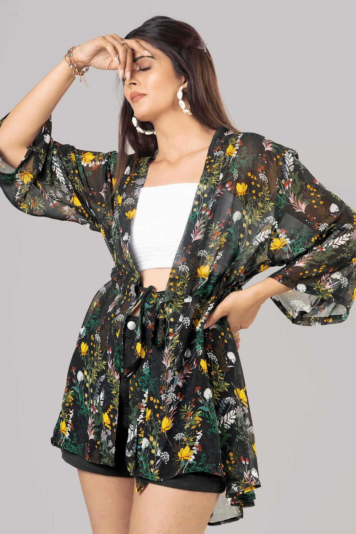 Exclusive Beautiful Floral Tie Belt Shrug For Women