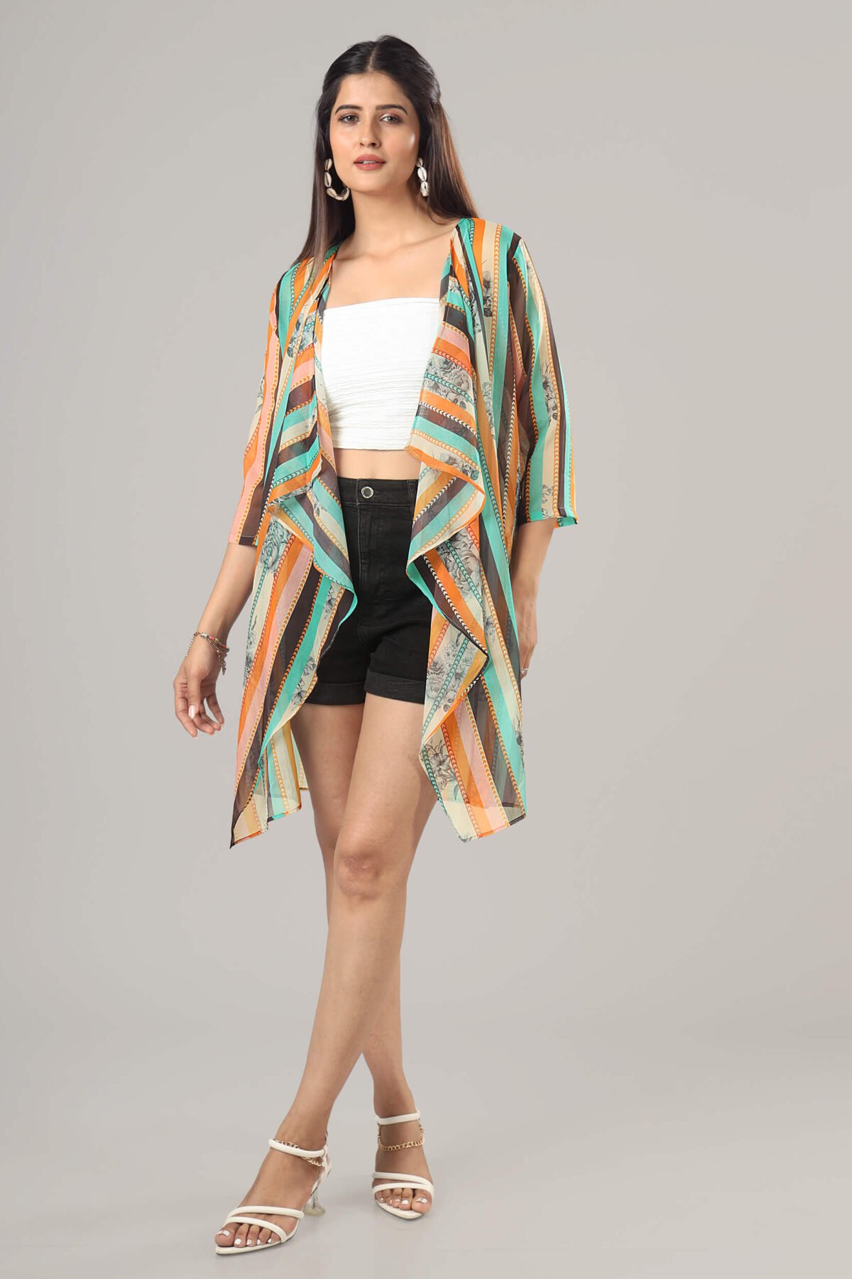 Trendy Stripes Waterfall Shrug For Women