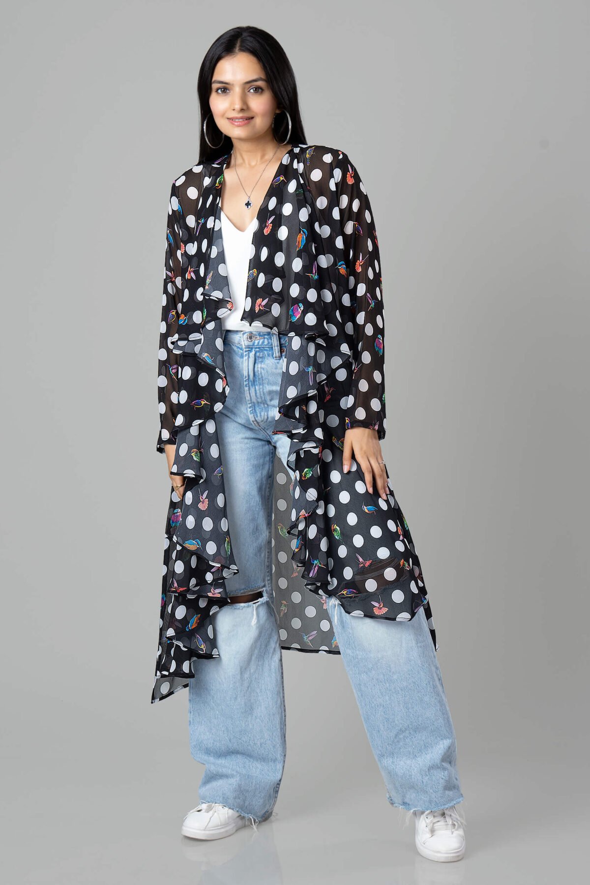 Trendy Humming Polka Waterfall Shrug For Women
