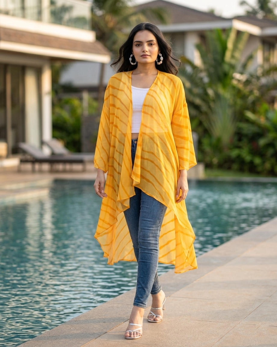 Attractive Yellow Leheriya Shrug For Woman