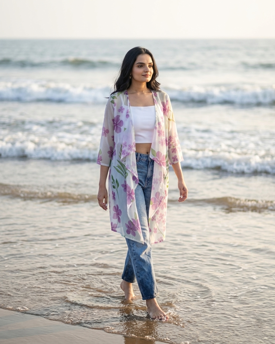 Beautiful Purple Floral Waterfall Shrug For Women