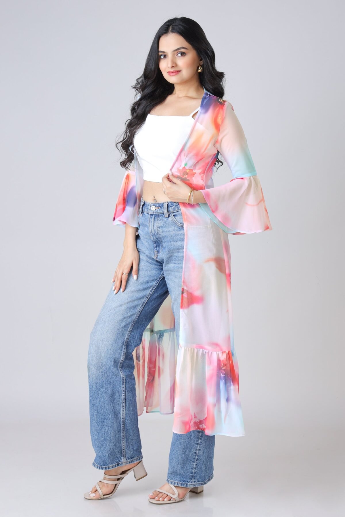 Multi-Color Tye And Dye Ruffled Long Shrug for Women