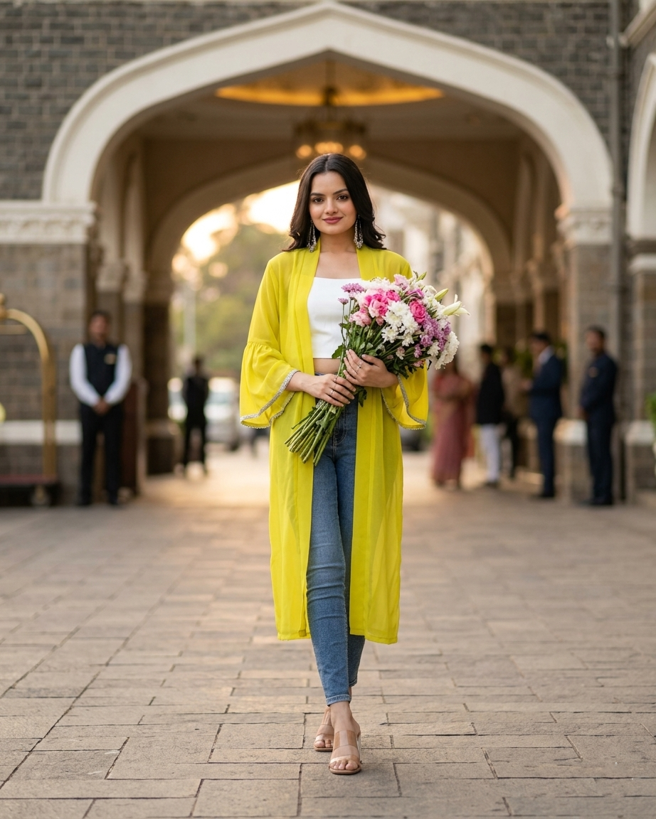 Classic Plain Yellow Lace Work Shrug For Woman