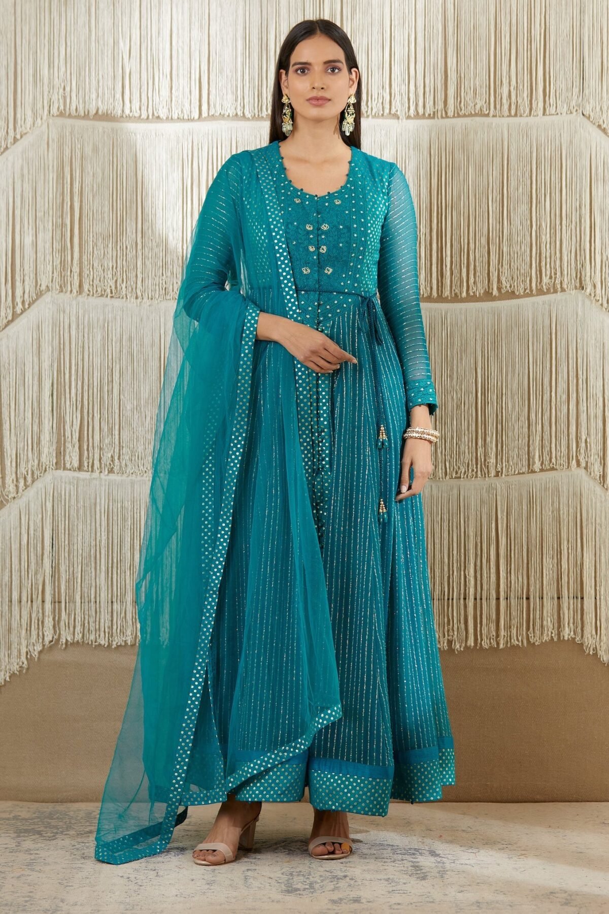 Teal Embroidered Anarkali Set
