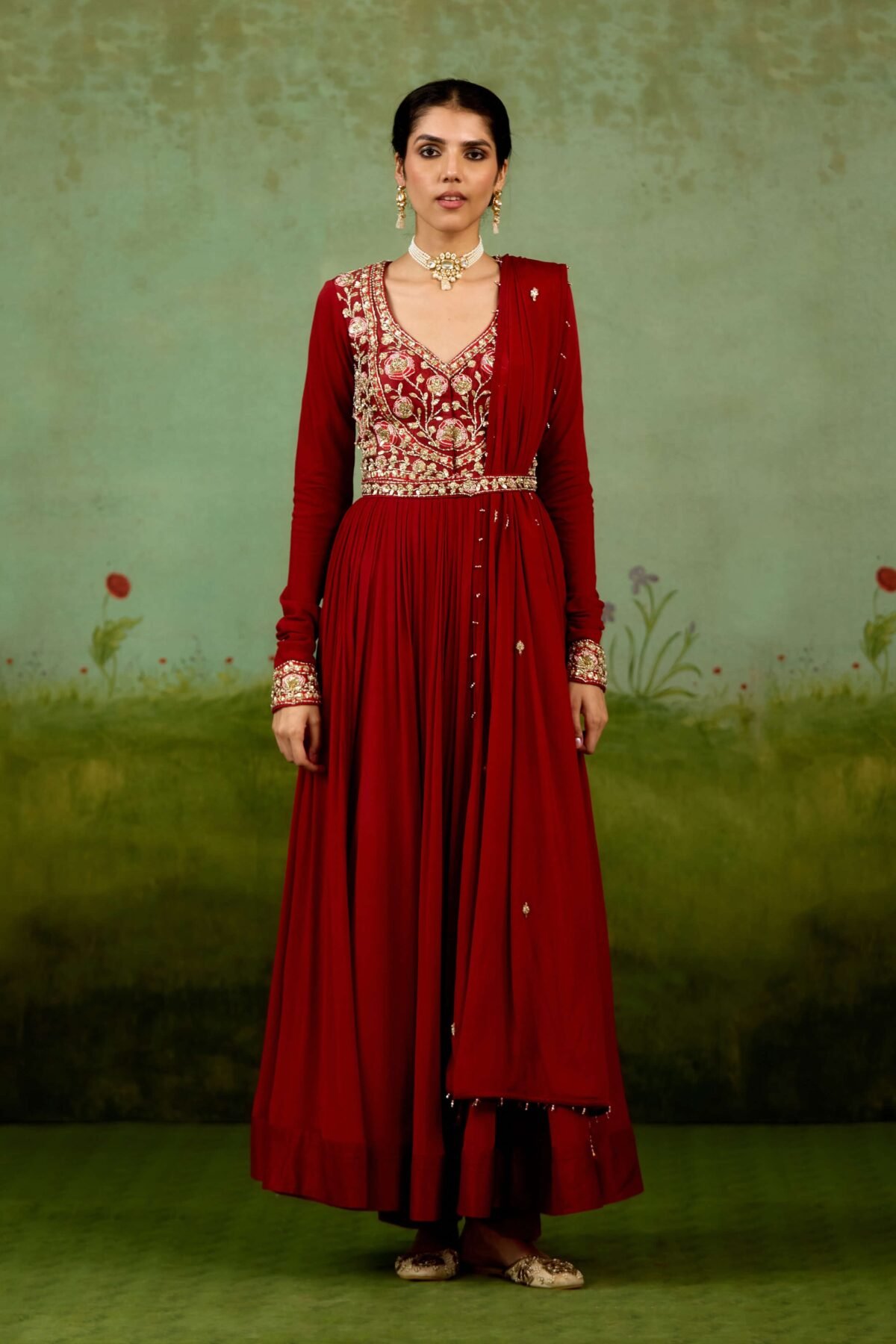 Maroon embroidered anarkali set