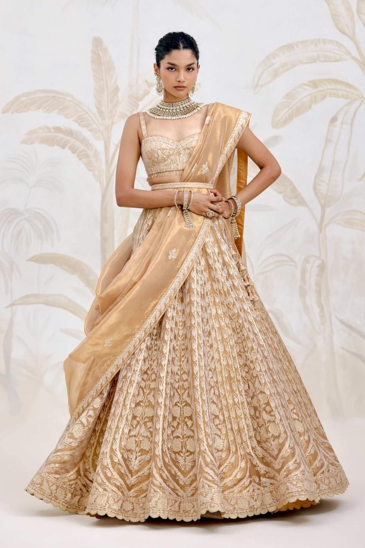 Gold gota embroidered tissue organza lehenga set