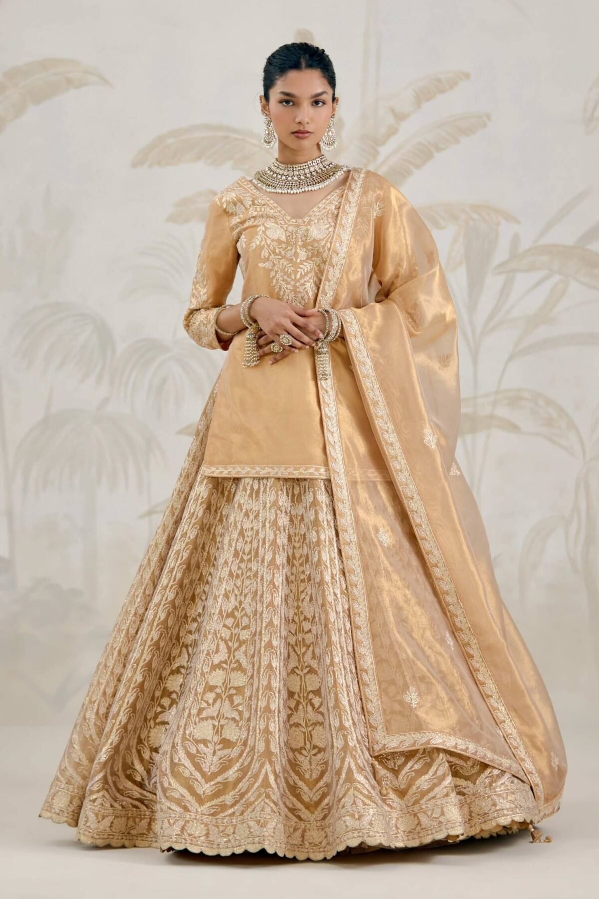 Gold gota embroidered tissue organza kurti lehenga set