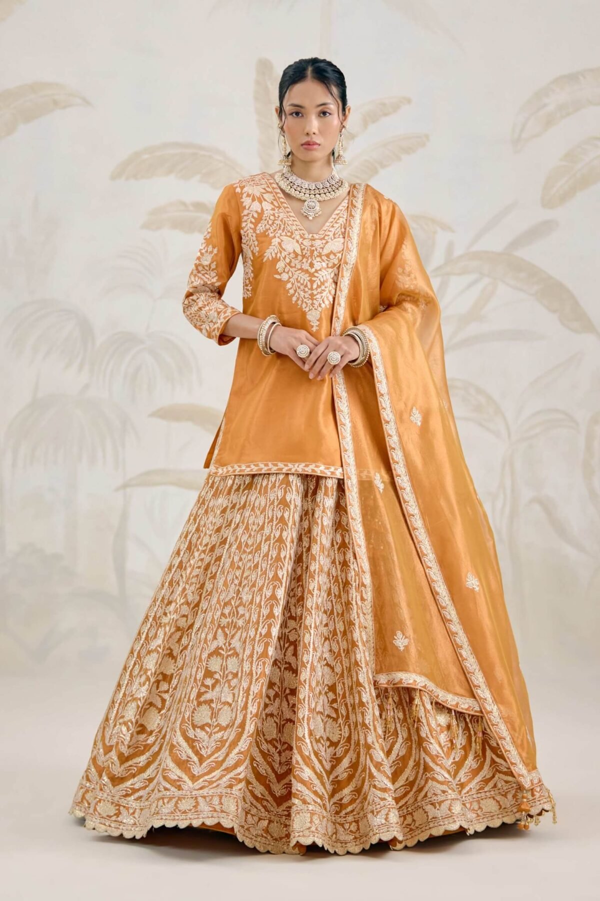 Burnt orange gold gota embroidered kurti lehenga set