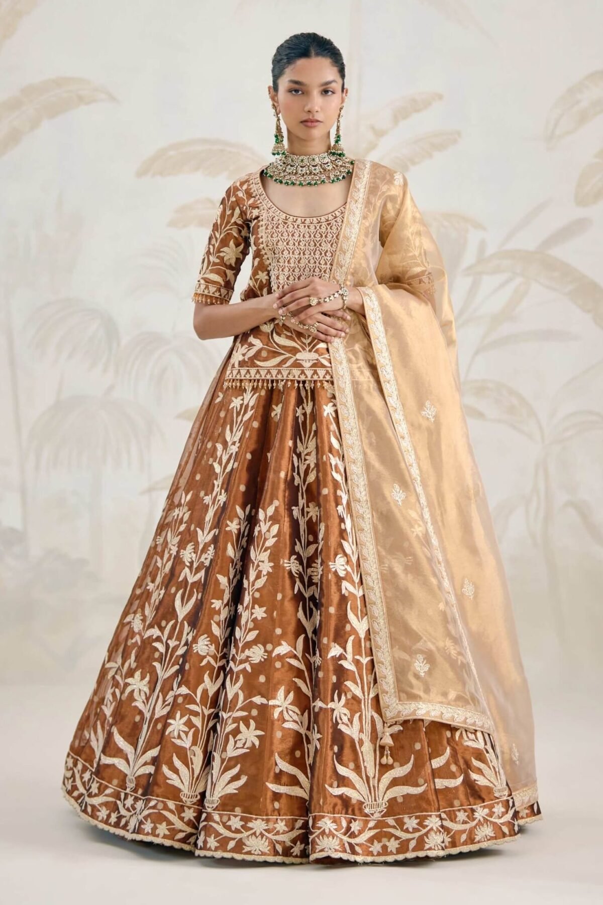 Coffee brown gold gota embroidered kurti lehenga set
