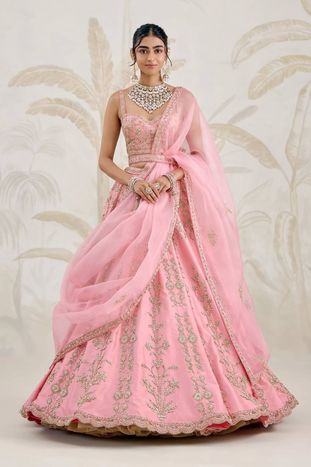 Rose pink zardozi embroidered raw silk lehenga set