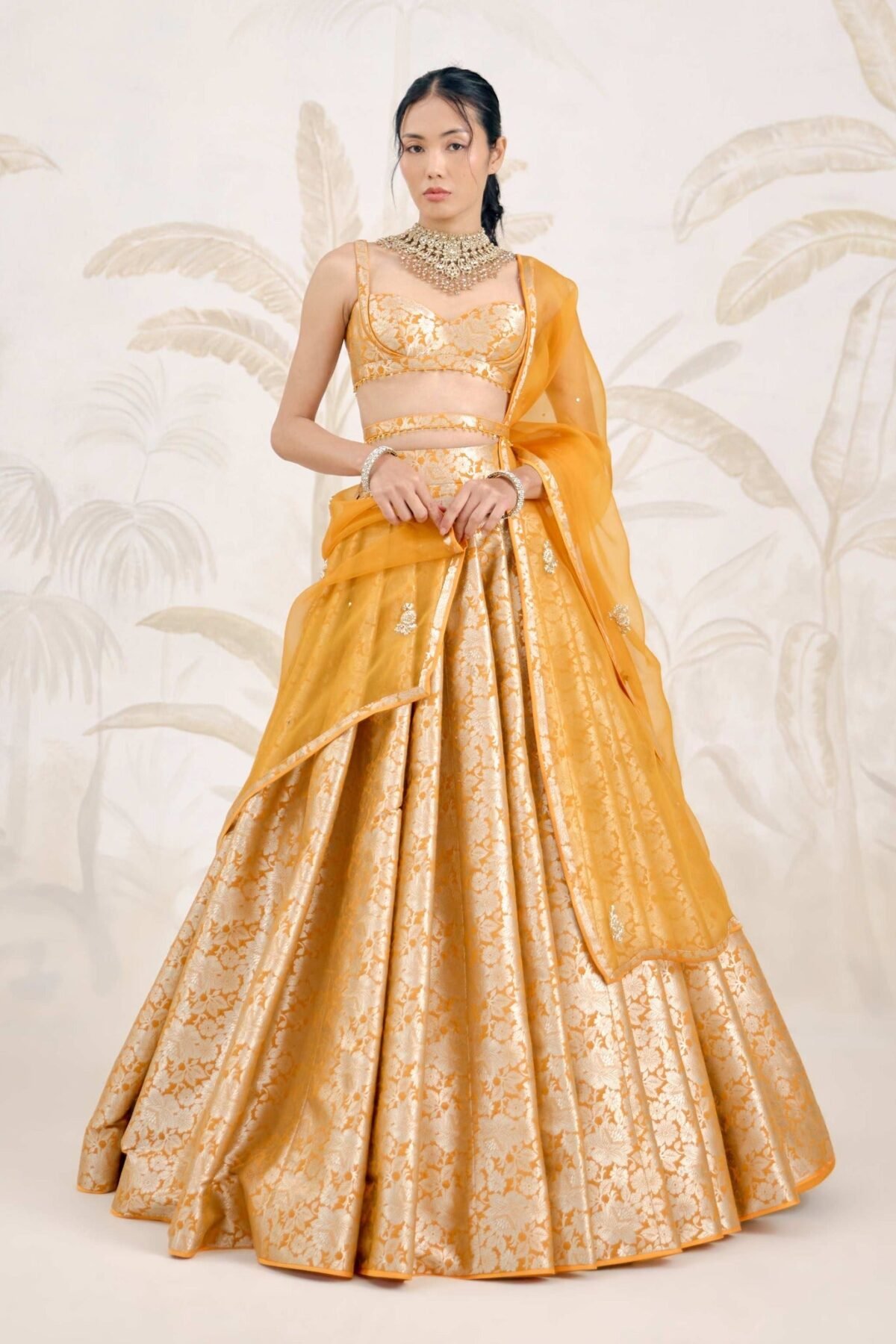 Mustard yellow Banarasi brocade pleated lehenga set