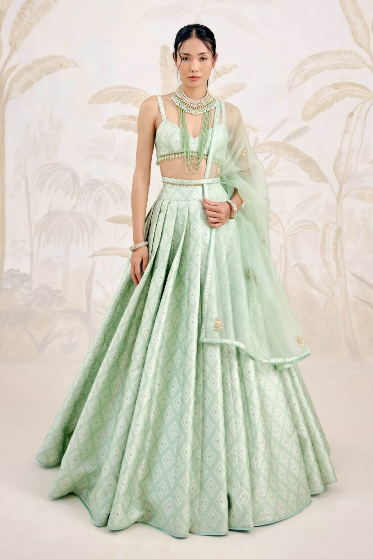 Seacrest green Banarasi brocade pleated lehenga set