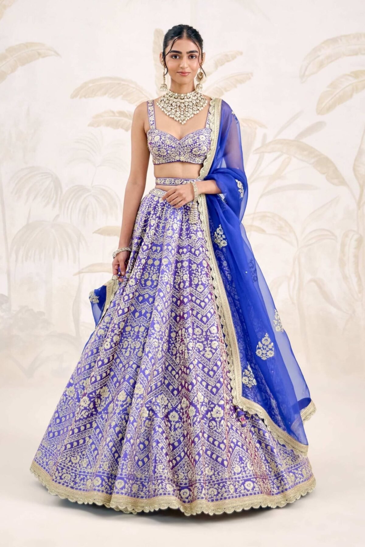 Purple blue zari dori embroidered raw silk lehenga set
