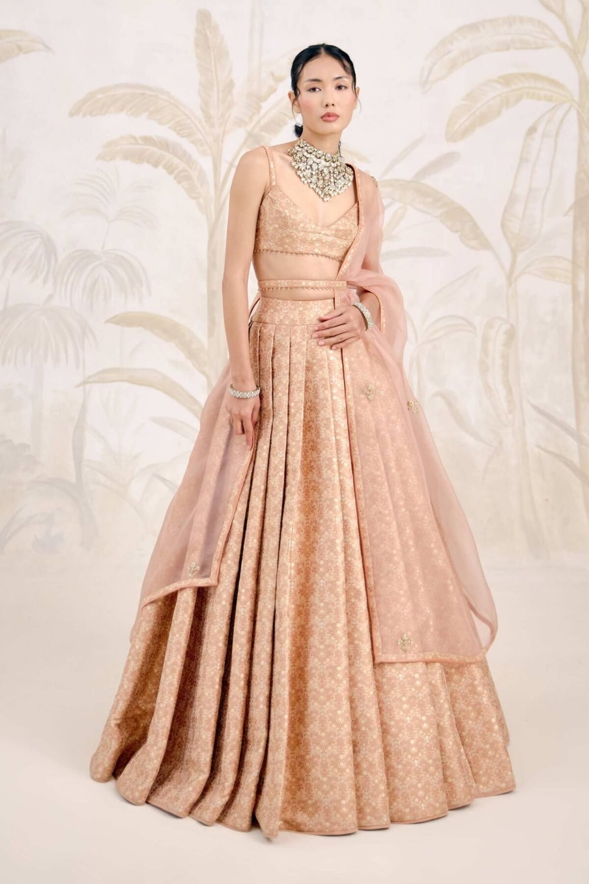 Dusty coral Banarasi brocade pleated lehenga set