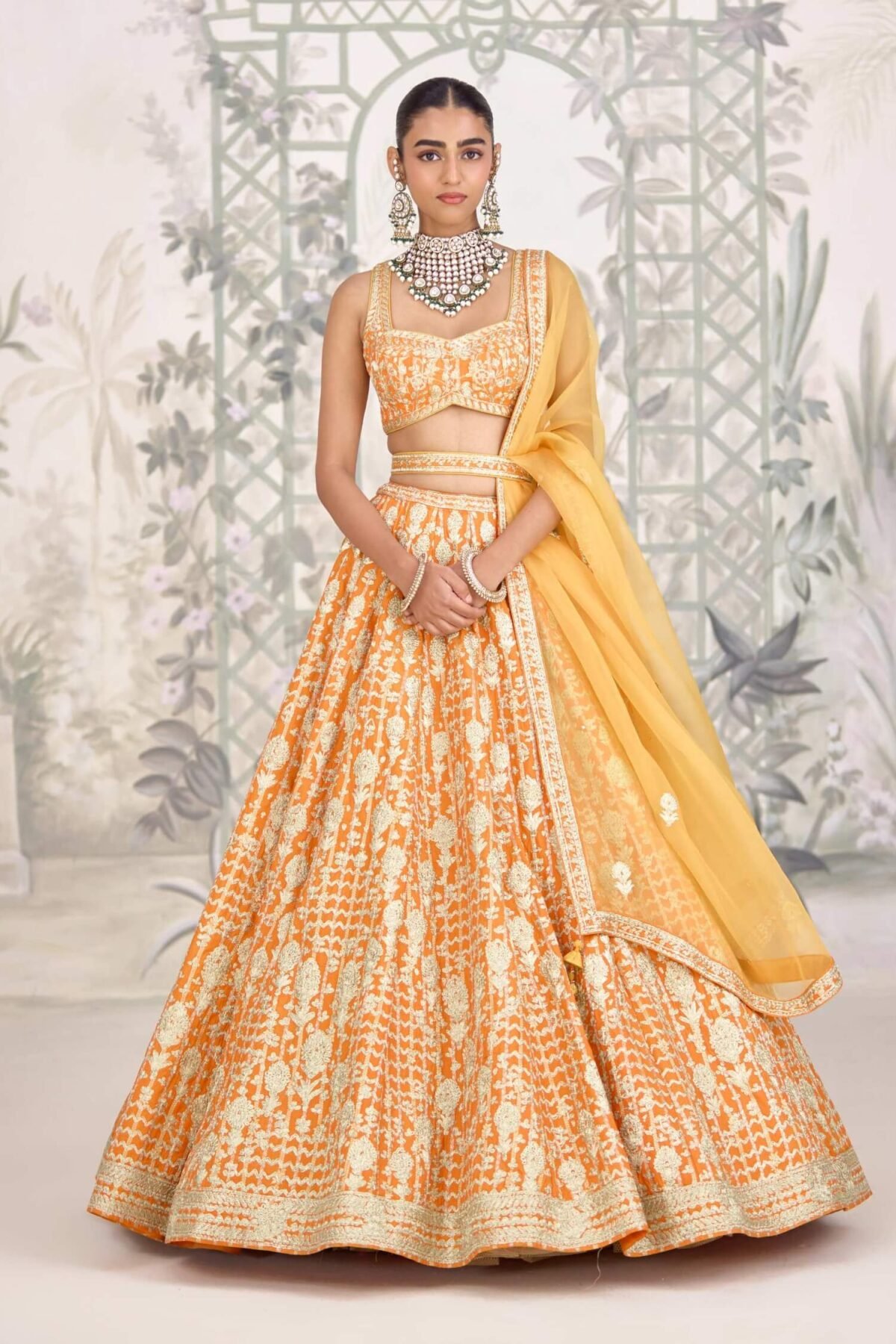 Marigold orange zari dori embroidered lehenga set