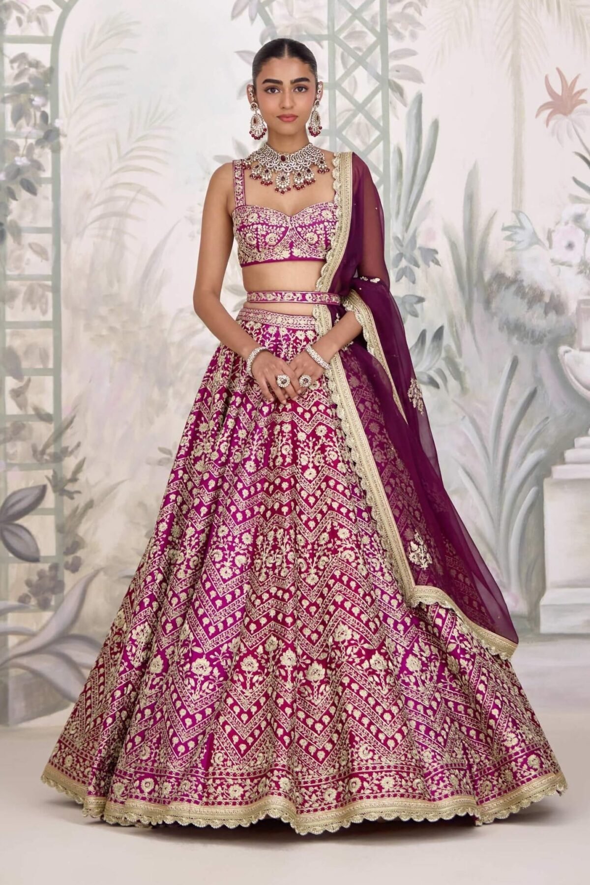 Wine maroon zari dori embroidered raw silk lehenga set