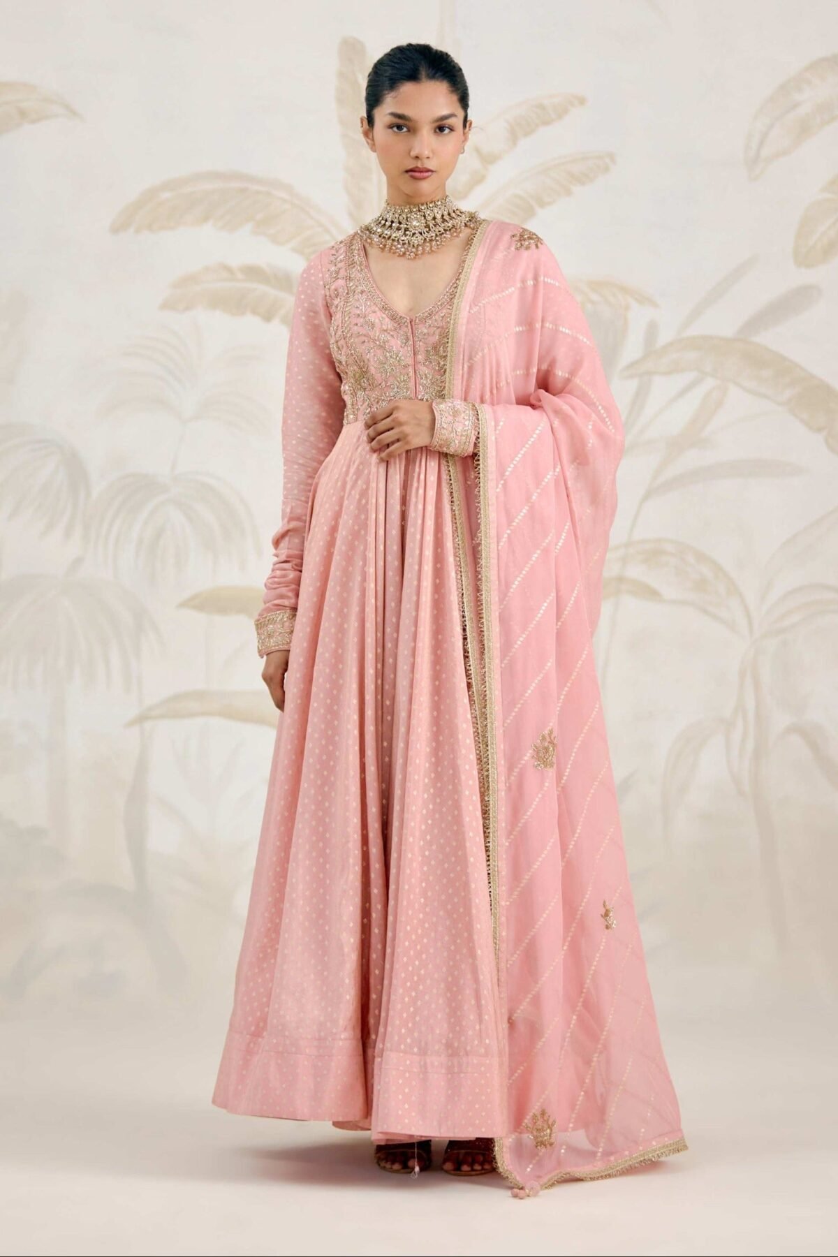 Old rose pink zardozi embroidered anarkali set