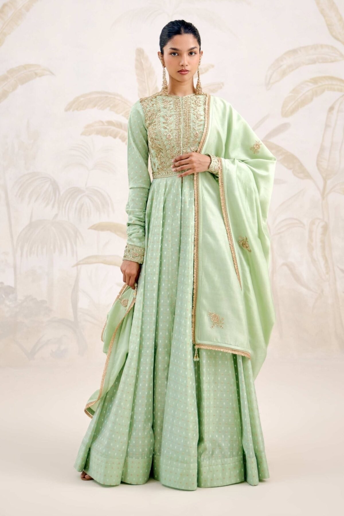 Sea green zardozi embroidered chanderi anarkali set