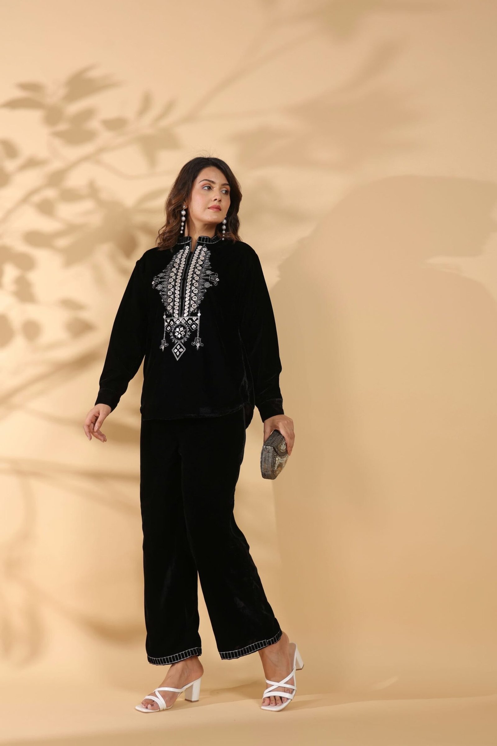 Embroidered Black Poly Velvet Co Ord Set