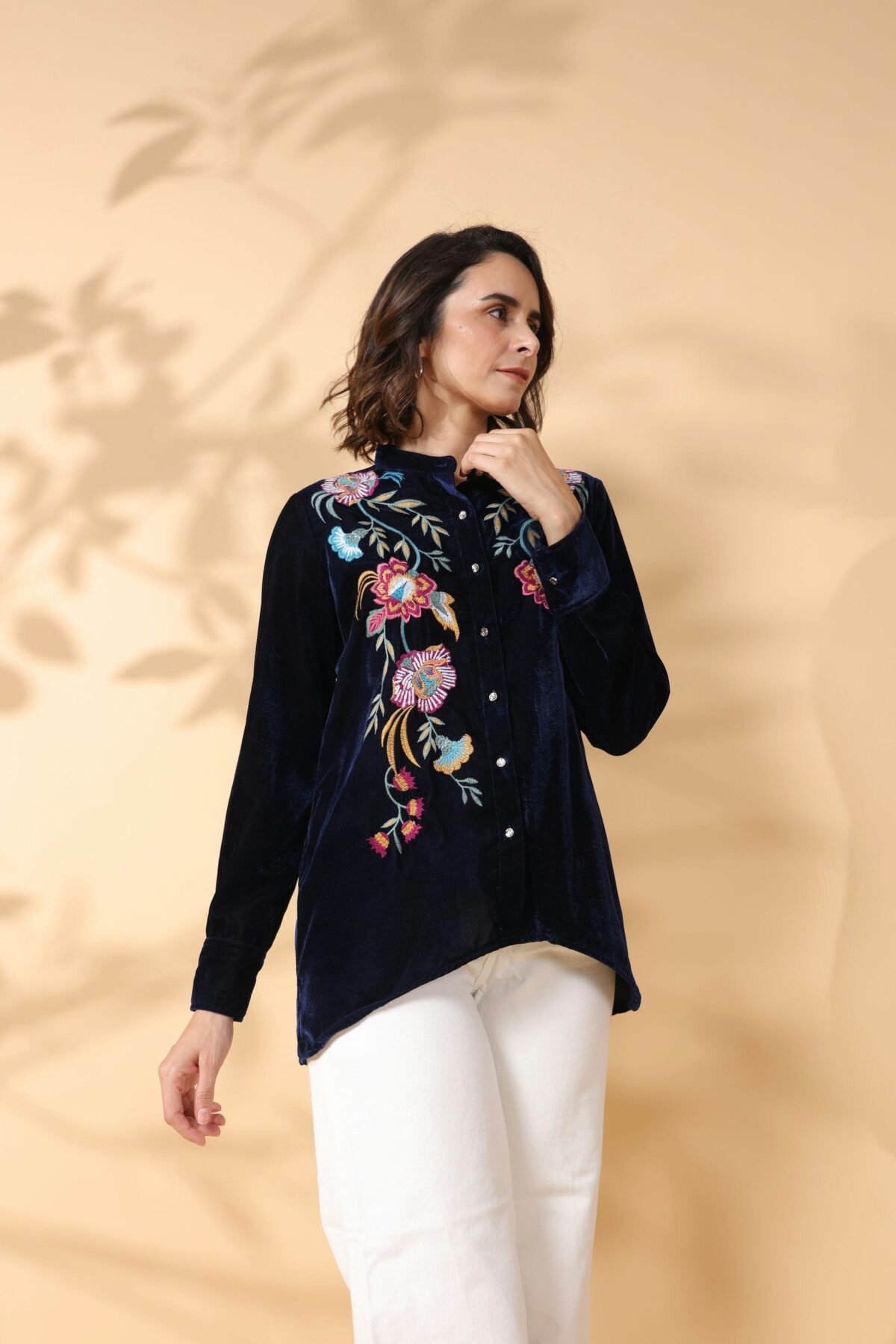 Navy Blue Round Neck Embroidered Shirt