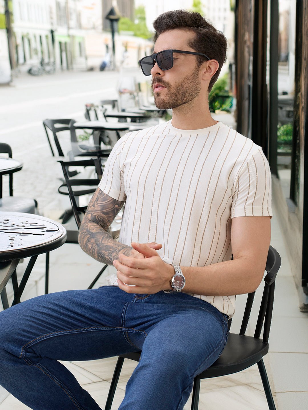 Men Structured Striped Half Sleeves Regular Fit T-Shirt