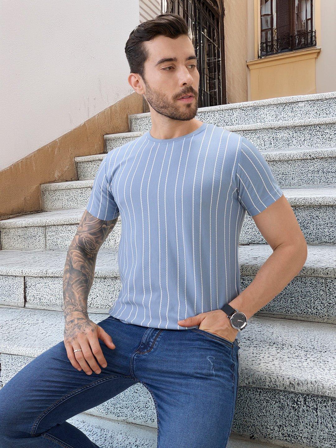 Men Structured Striped Half Sleeves Regular Fit T-Shirt