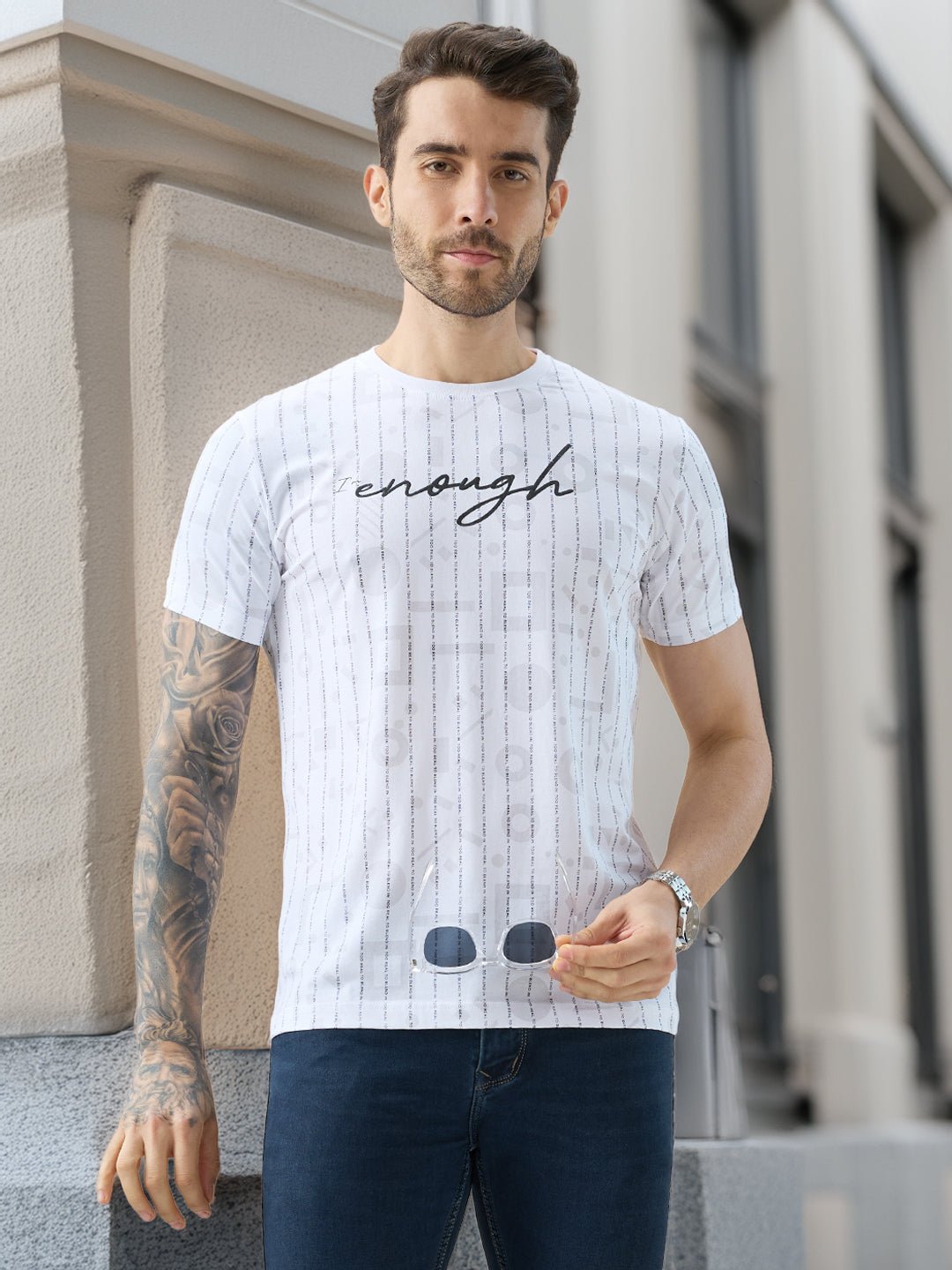 Men All Over Typography Print Round Neck Half Sleeve Regular Fit T-Shirt