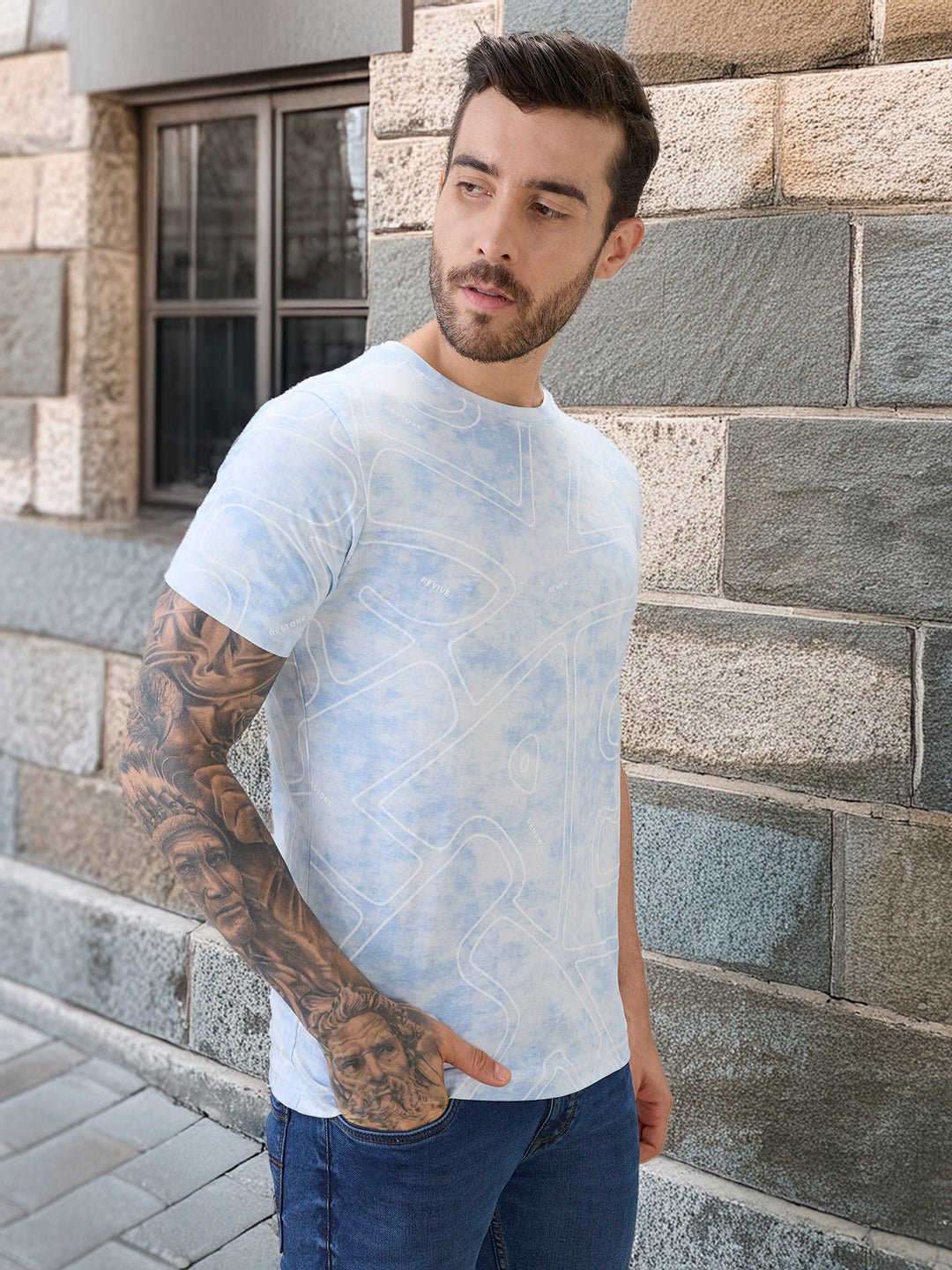 Men Abstract Printed Round Neck Half Sleeves Regular Fit T-Shirt