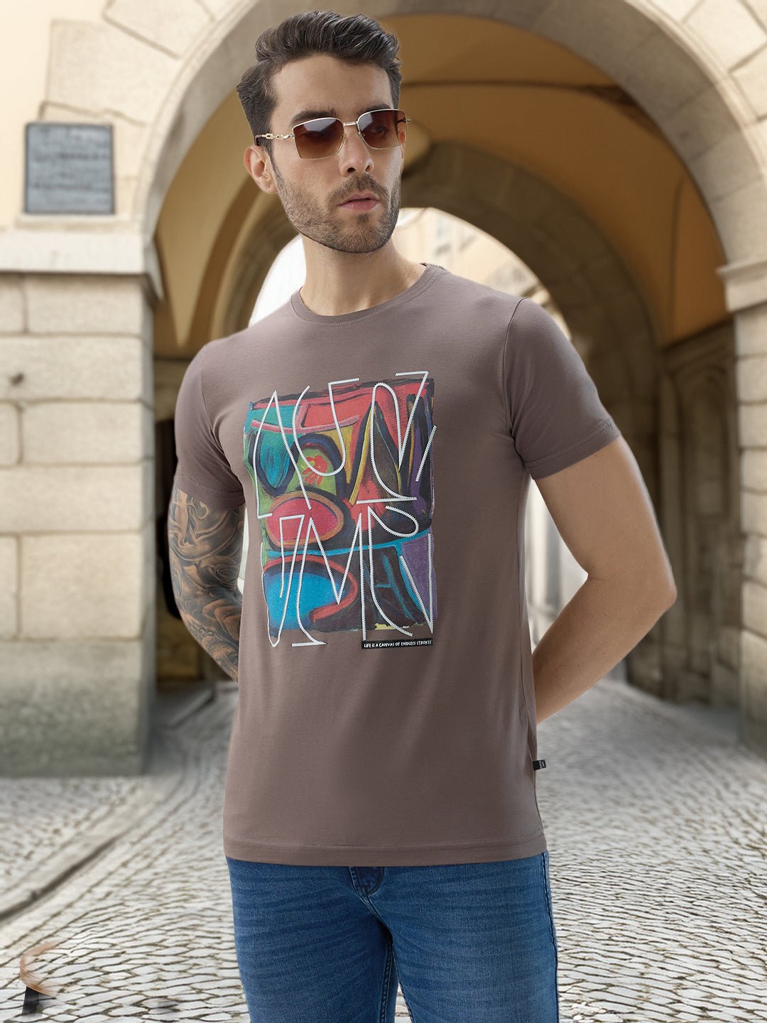 Men Chest Graphic Print Round Neck Half Sleeve Regular Fit T-Shirt