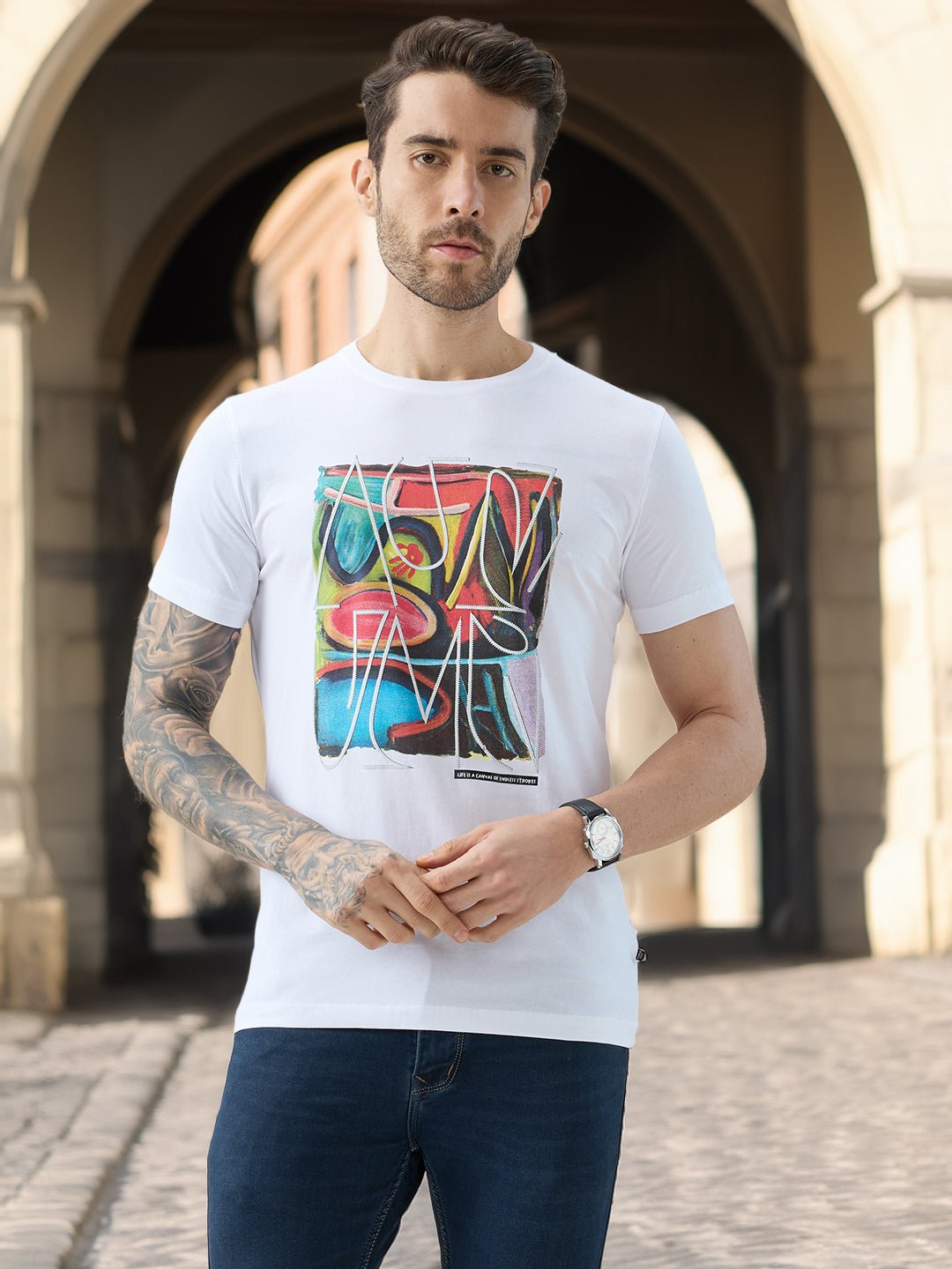 Men Chest Graphic Print Round Neck Half Sleeve Regular Fit T-Shirt