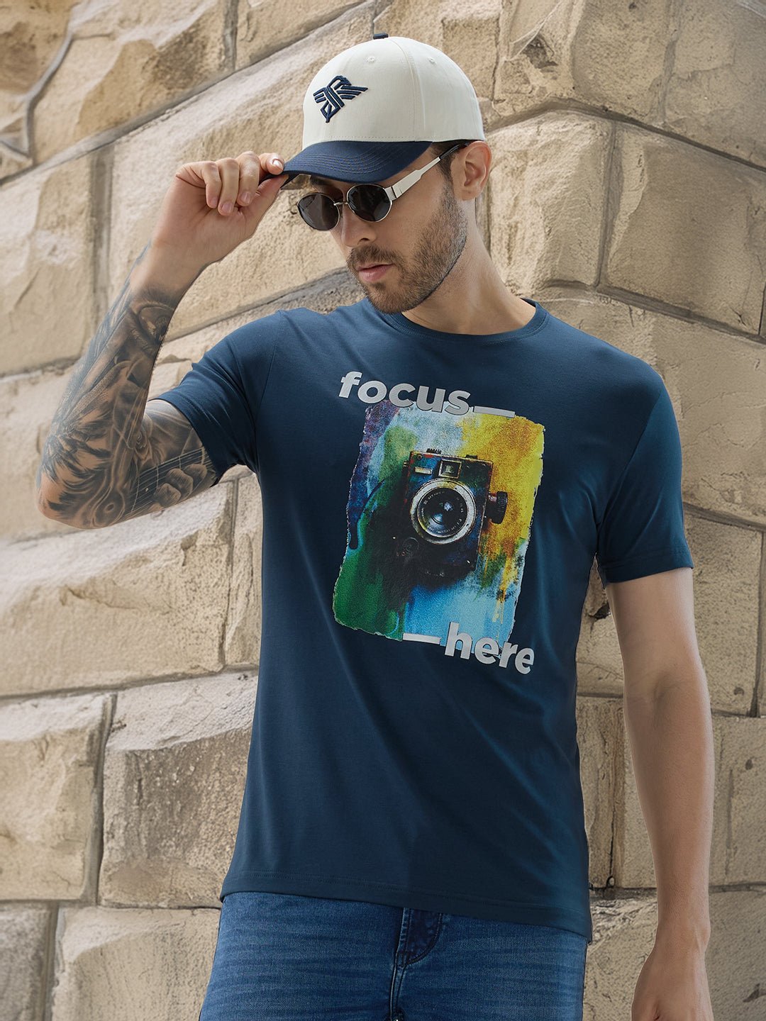 Men Round Neck Half Sleeve Regular Fit Camera Graphic Print T-Shirt