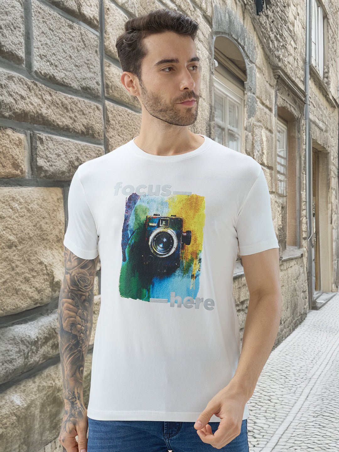 Men Round Neck Half Sleeve Regular Fit Camera Graphic Print T-Shirt