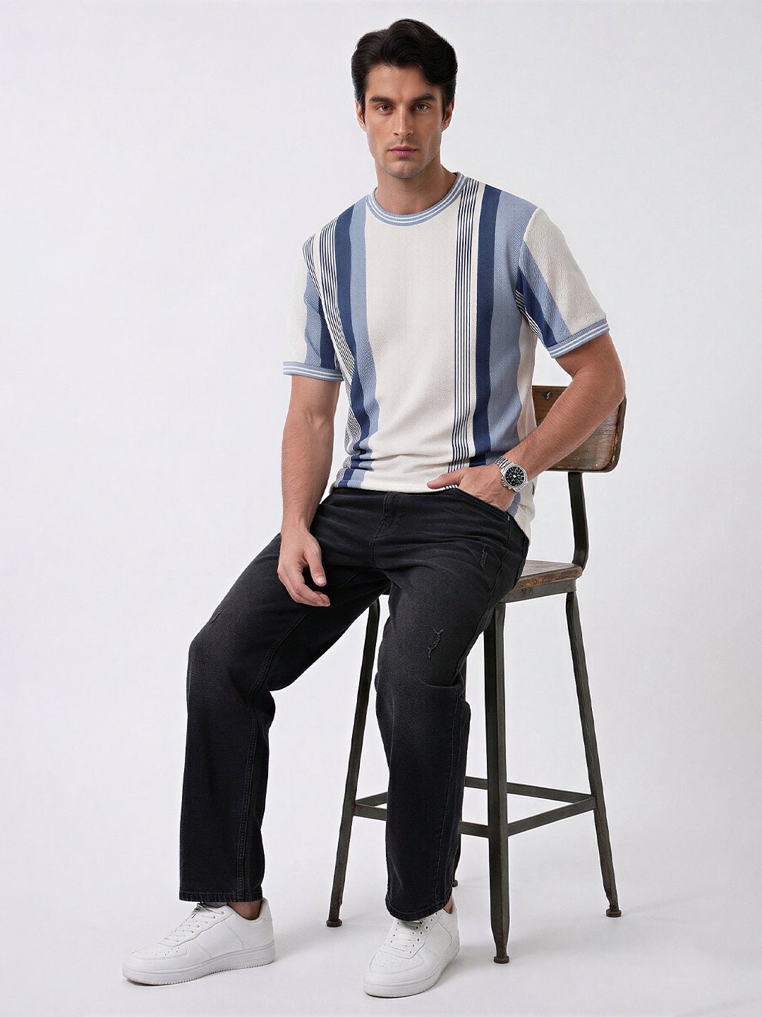 Grey & Blue Textured Stripe T-Shirt