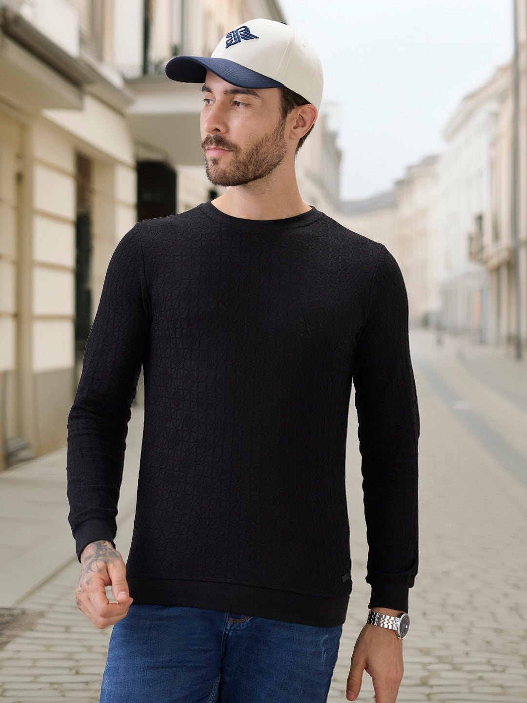 Men Textured Round Neck Full Sleeves Regular Fit T-Shirt