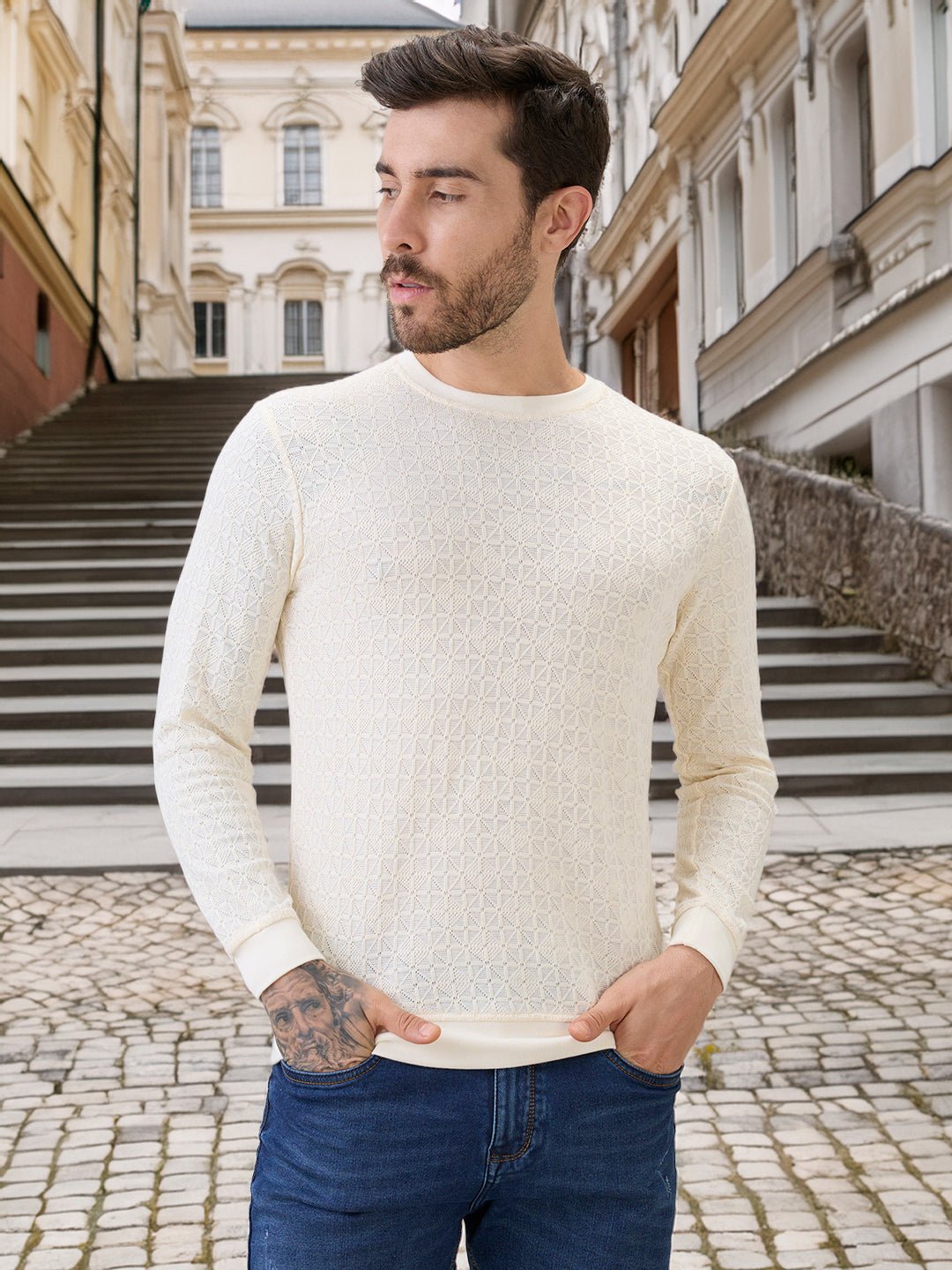 Mens Textured Round Neck Full Sleeves Regular Fit T-Shirt