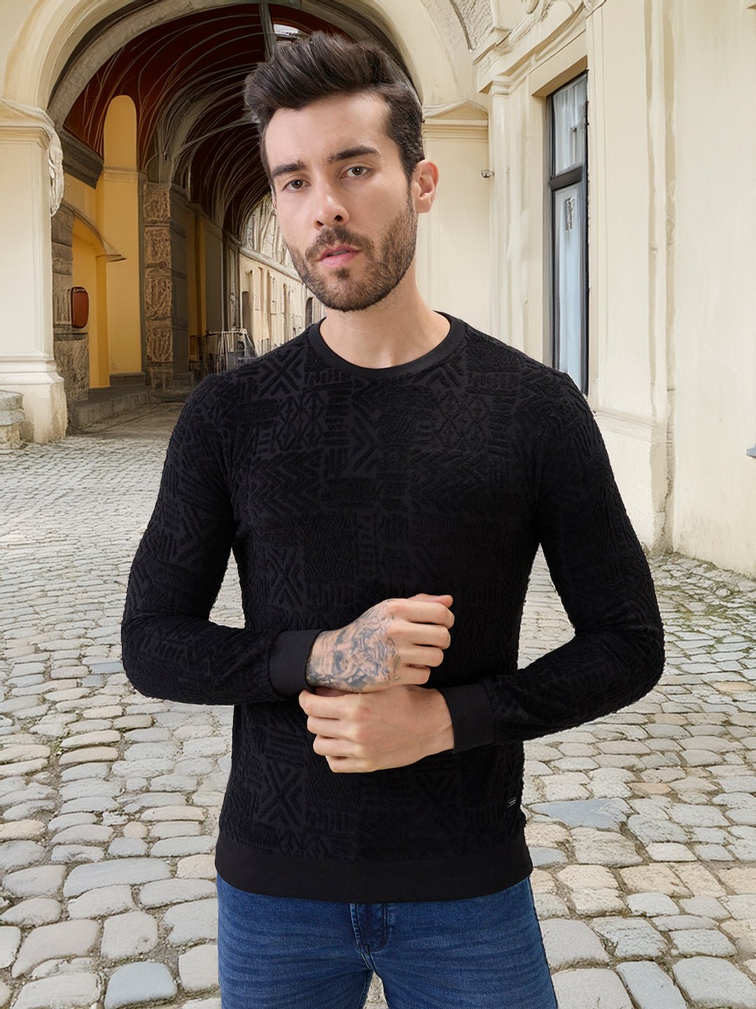 Men Textured Full Sleeve Regular Fit Round Neck T-Shirt