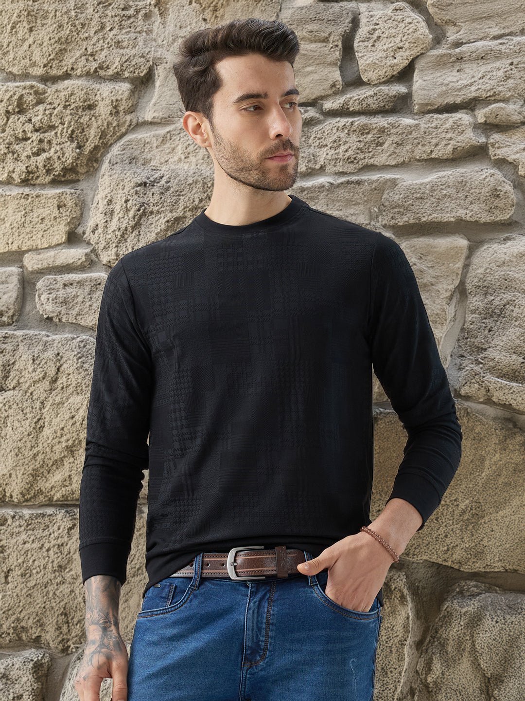 Mens Geometric Textured Round Neck Full Sleeve Regular Fit T-Shirt