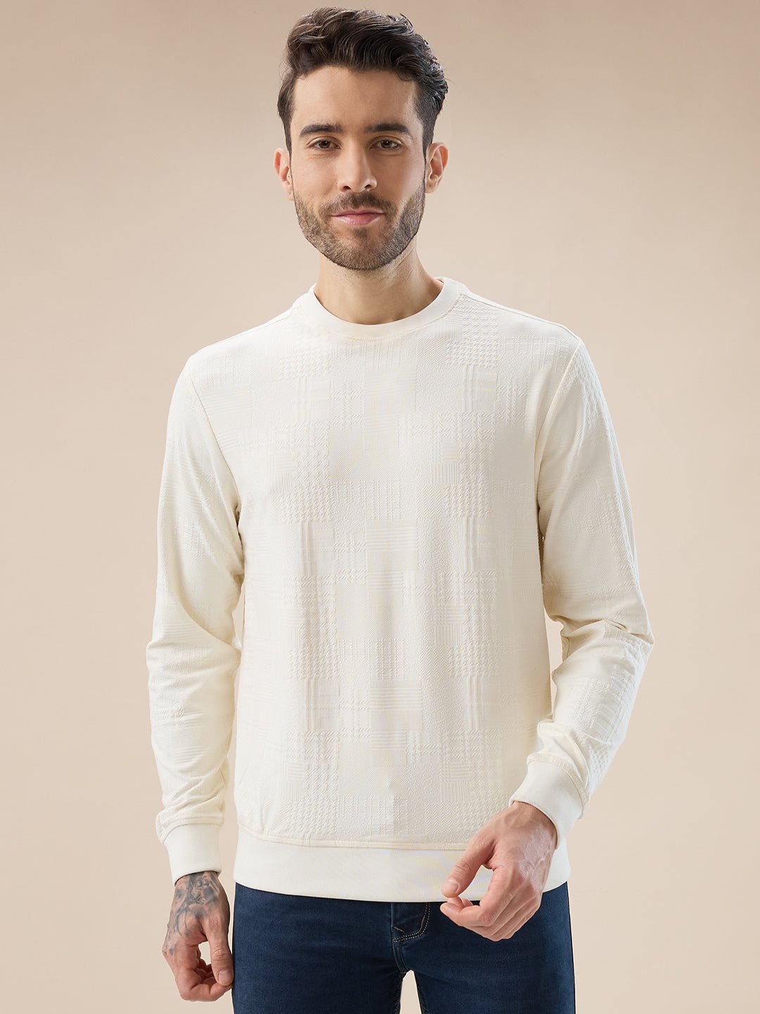 Men Geometric Textured Round Neck Full Sleeve Regular Fit T-Shirt