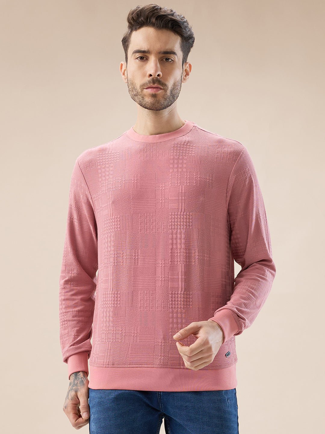 Men Geometric Textured Round Neck Full Sleeve Regular Fit T-Shirt