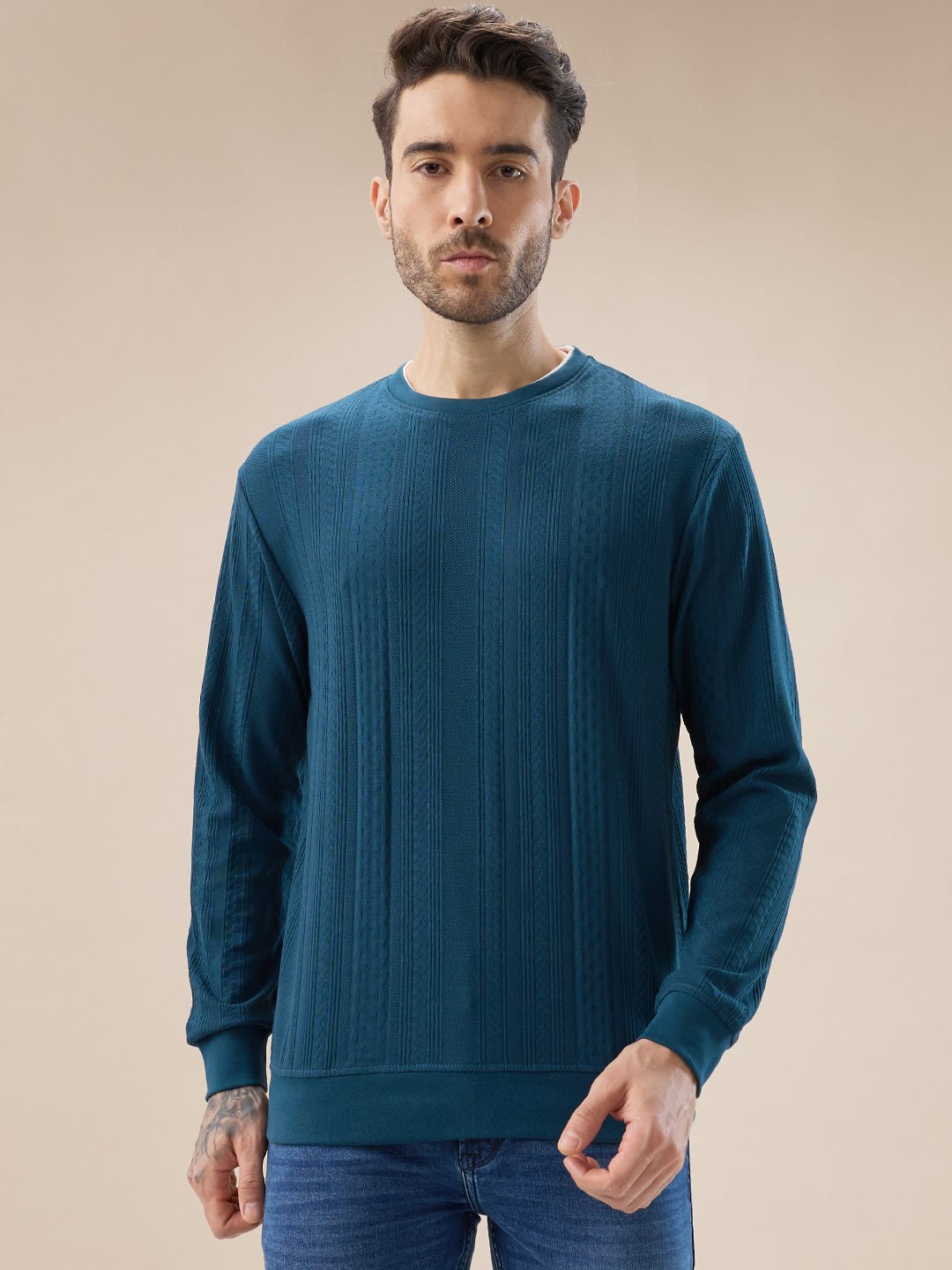Men Geometric Textured Round Neck Full Sleeve Regular Fit T-Shirt