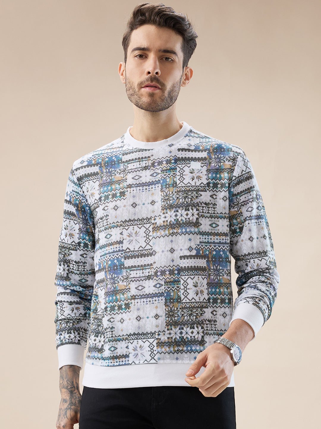Men Abstract Geometric Print Round Neck Full Sleeves T-Shirt