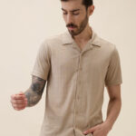 Men Knitted Solid Cuban Collar Half Sleeves Regular Fit Shirt