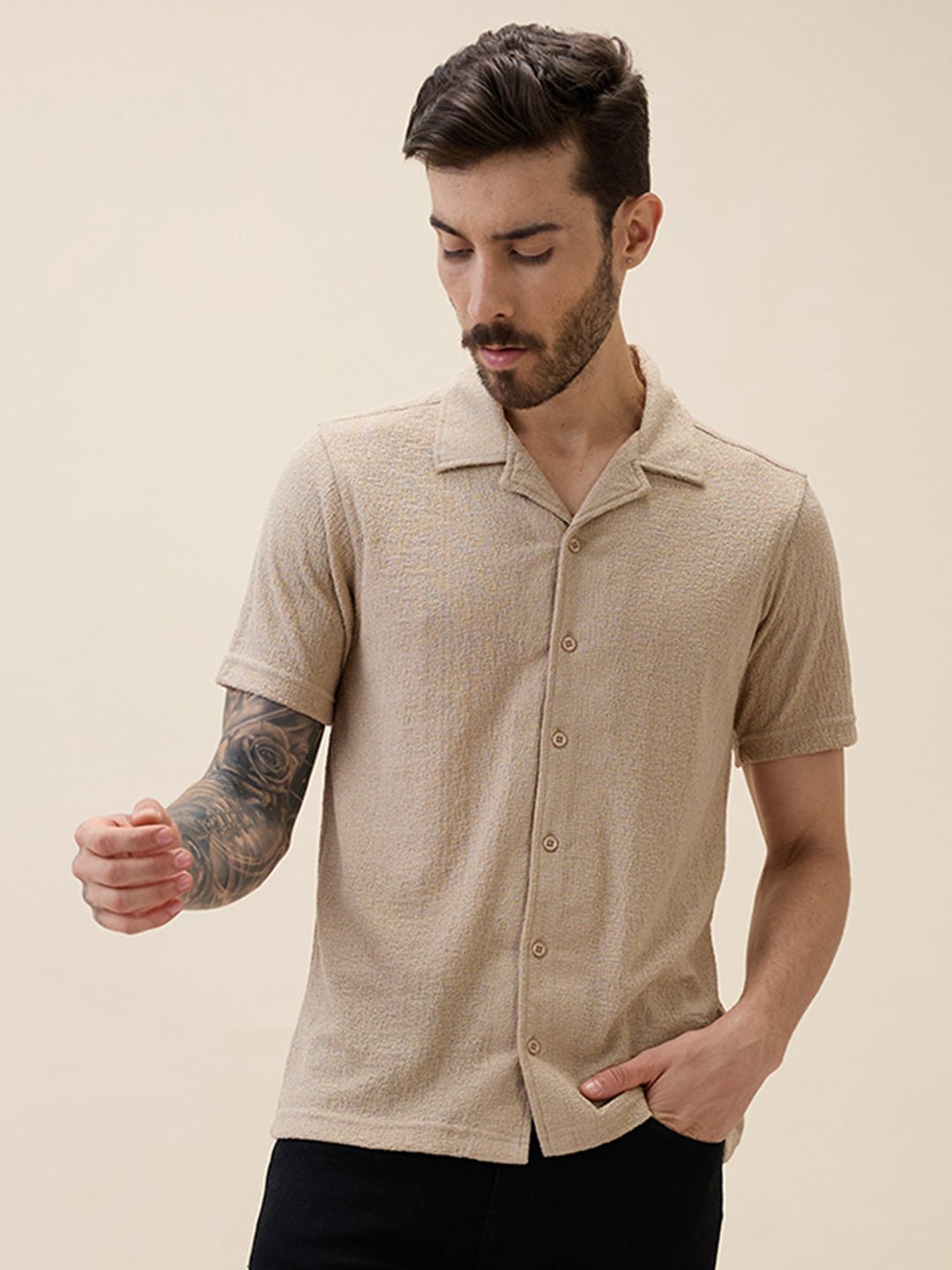 Men Knitted Solid Cuban Collar Half Sleeves Regular Fit Shirt