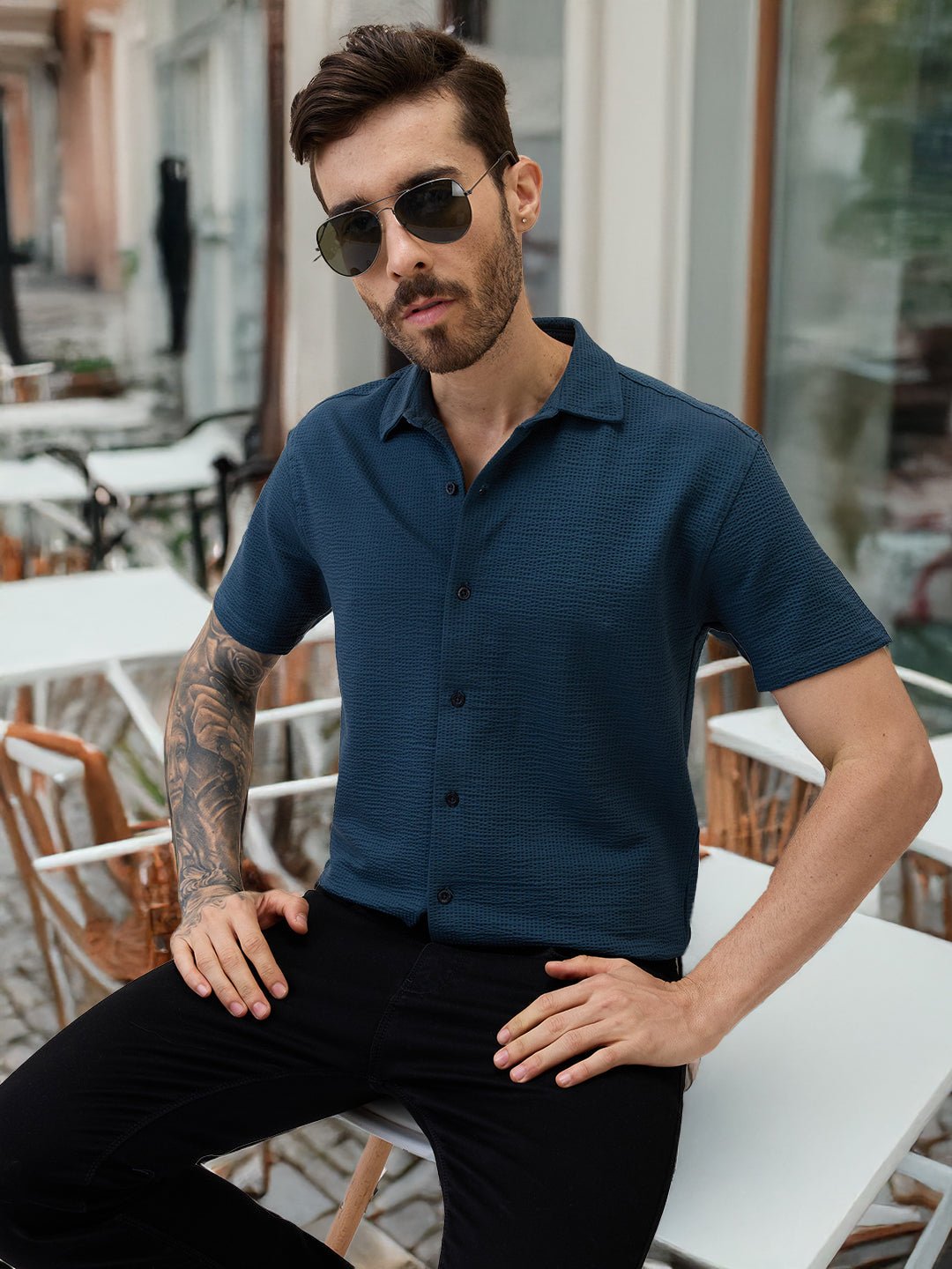 Men Solid Polo Collar Half Sleeves Regular Fit Shirt