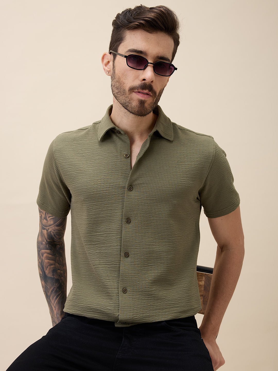Men Solid Polo Collar Half Sleeves Regular Fit Shirt