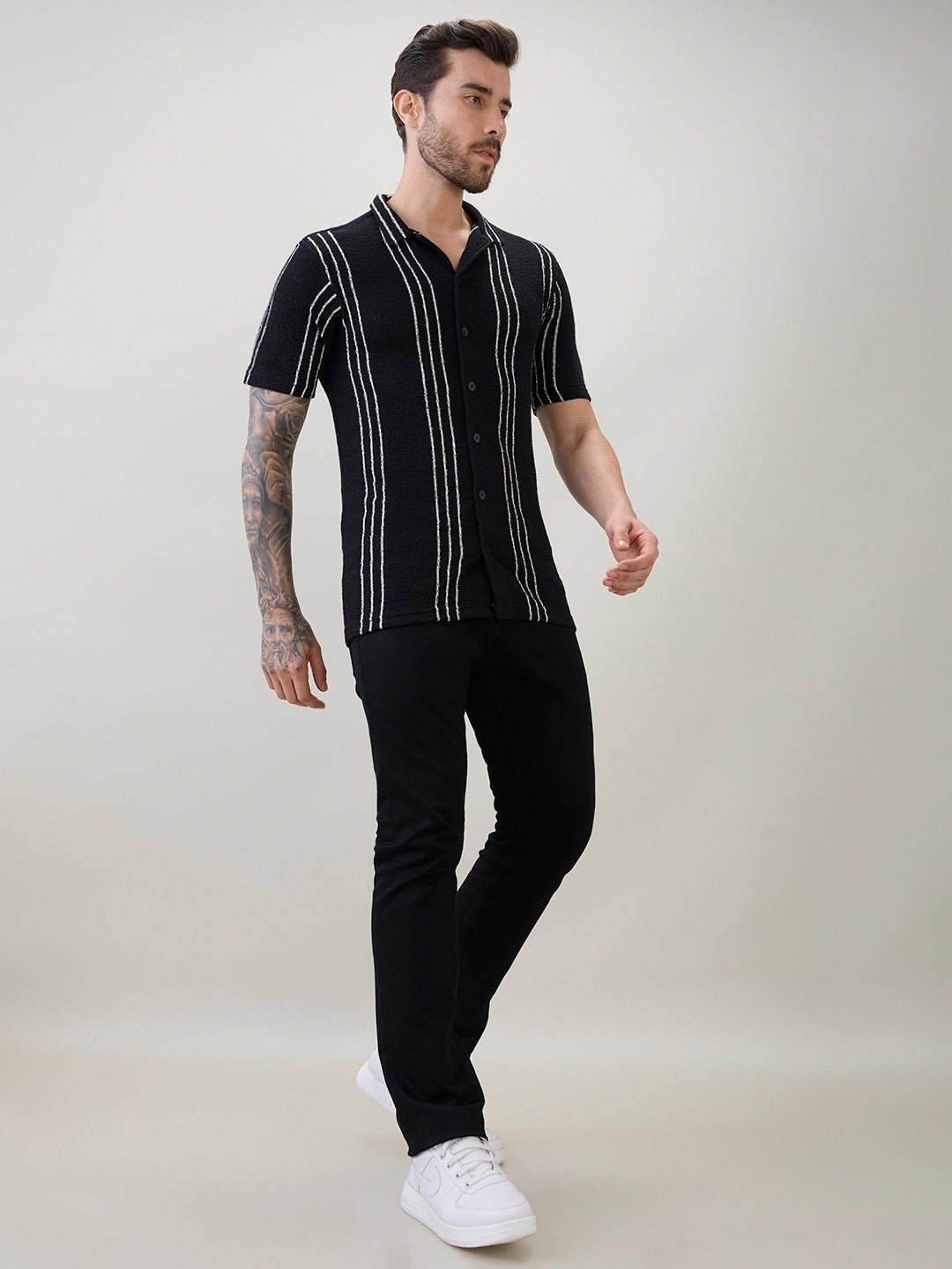 Black Vertical Striped Cuban Collar Shirt