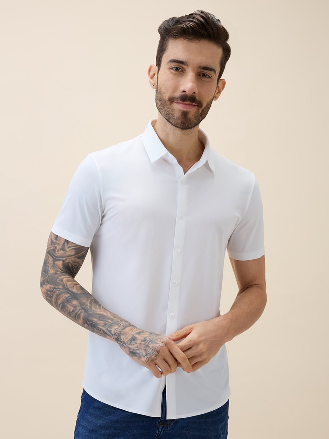 Men Premium Solid Cuban Collar Half Sleeves Regular Fit Shirt