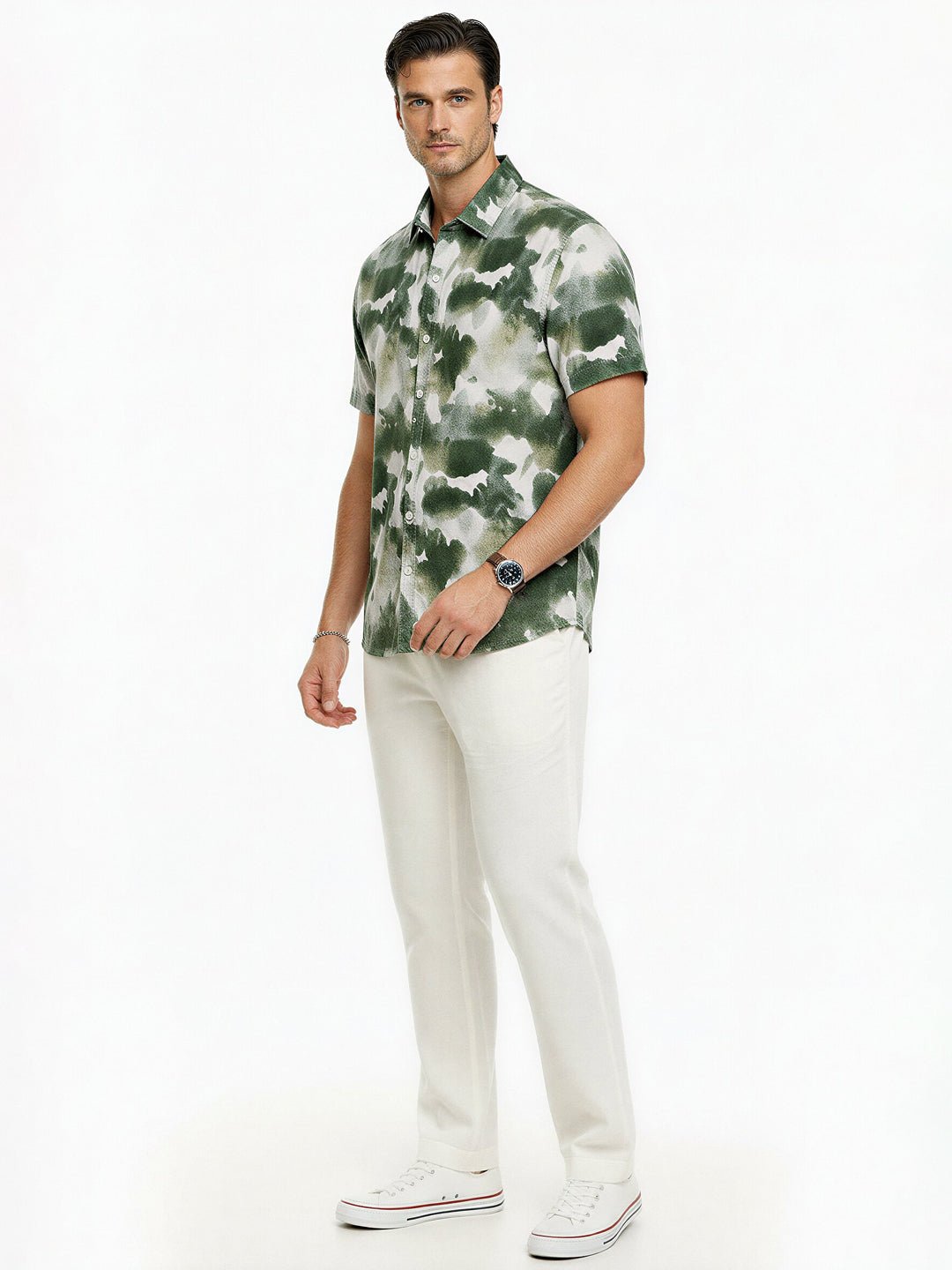 Green Abstract Print Short Sleeve Shirt