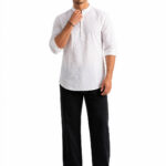 White Textured Band Collar Shirt